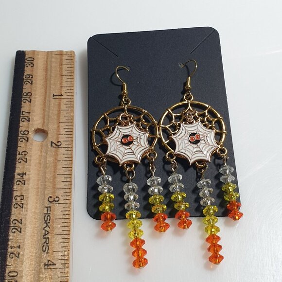 Spiderweb Earrings Halloween Dangle Handmade By Donovan 3.5 Inch Beaded Drop - Picture 4 of 5